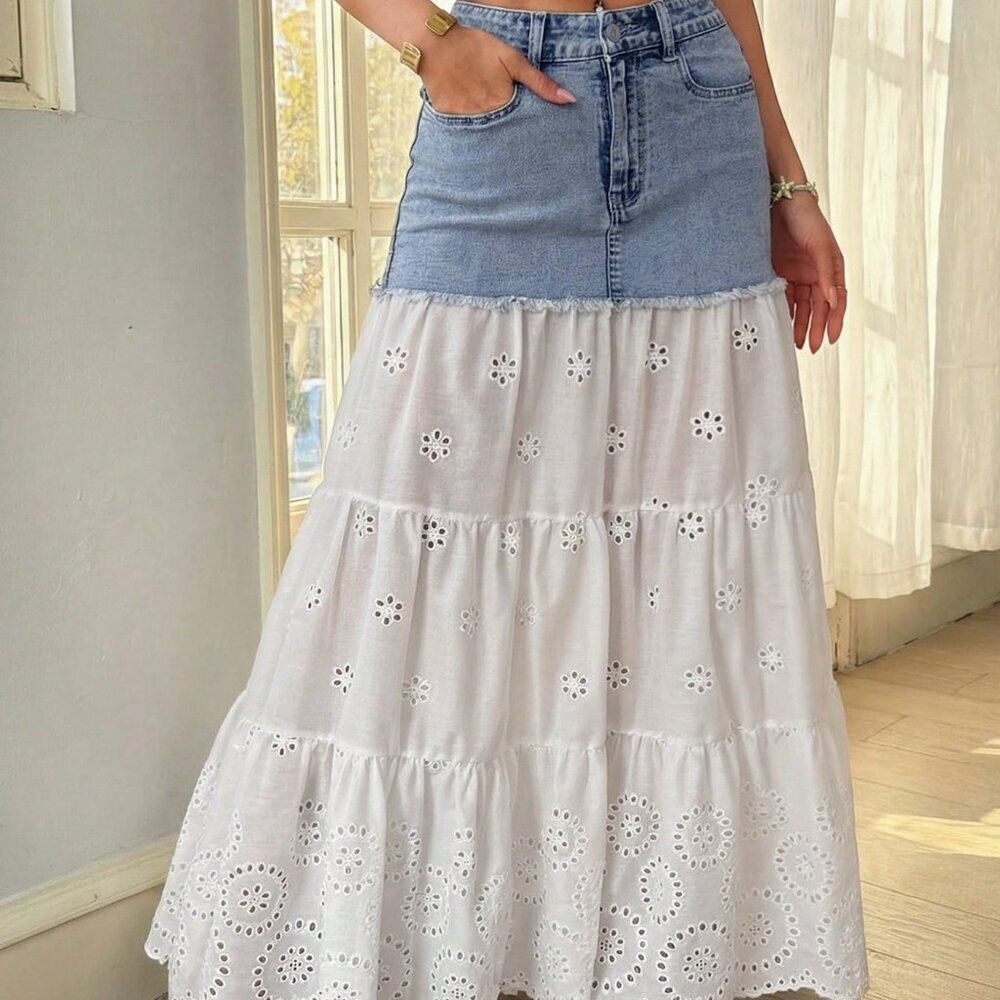 Multicolor Boho Women's Casual Hollow-Out Embroidery Patchwork Denim Mini Skirt - Picture 5 of 7